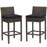 Modway Conduit Bar Stool Outdoor Patio Wicker Rattan in Brown Navy - Set of Two - Set in Front Angle