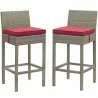 Modway Conduit Bar Stool Outdoor Patio Wicker Rattan in Light Gray Red - Set in Front Side Angle - Modway Conduit Bar Stool Outdoor Patio Wicker Rattan in Light Gray Red - Set in Front Side Angle