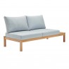 Modway Freeport 3 Piece Outdoor Patio Karri Wood Sectional - Natural Light Blue - Loveseat with Left-Facing Side End Table in Front Side Angle
