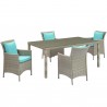 Modway Conduit 5 Piece Outdoor Patio Wicker Rattan Dining Set - Light Gray Turquoise - Set in Front Side Angle