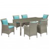 Modway Conduit 7 Piece Outdoor Patio Wicker Rattan Dining Set - Light Gray Turquoise - Set in Front Side Angle