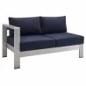 Modway Shore Sunbrella® Fabric Aluminum Outdoor Patio Left-Arm Loveseat in Silver Navy - Front Side Angle - Modway Shore Sunbrella® Fabric Aluminum Outdoor Patio Left-Arm Loveseat in Silver Navy - Front Side Angle
