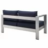 Modway Shore Sunbrella® Fabric Aluminum Outdoor Patio Left-Arm Loveseat in Silver Navy - Back Side Angle - Modway Shore Sunbrella® Fabric Aluminum Outdoor Patio Left-Arm Loveseat in Silver Navy - Back Side Angle