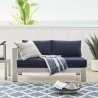 Modway Shore Sunbrella® Fabric Aluminum Outdoor Patio Left-Arm Loveseat in Silver Navy - Lifestyle - Modway Shore Sunbrella® Fabric Aluminum Outdoor Patio Left-Arm Loveseat in Silver Navy - Lifestyle