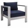 Modway Shore Sunbrella® Fabric Aluminum Outdoor Patio Armchair in Silver Navy - Front Side Angle