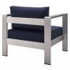 Modway Shore Sunbrella® Fabric Aluminum Outdoor Patio Armchair in Silver Navy - Back Side Angle
