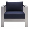 Modway Shore Sunbrella® Fabric Aluminum Outdoor Patio Armchair in Silver Navy - Front Angle
