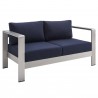 Modway Shore Sunbrella® Fabric Aluminum Outdoor Patio Loveseat in Silver Navy - Front Side Angle