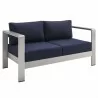 Modway Shore Sunbrella® Fabric Aluminum Outdoor Patio Loveseat in Silver Navy - Front Side Angle - Modway Shore Sunbrella® Fabric Aluminum Outdoor Patio Loveseat in Silver Navy - Front Side Angle