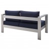 Modway Shore Sunbrella® Fabric Aluminum Outdoor Patio Loveseat in Silver Navy - Back Side Angle