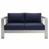 Modway Shore Sunbrella® Fabric Aluminum Outdoor Patio Loveseat in Silver Navy - Front Angle - Modway Shore Sunbrella® Fabric Aluminum Outdoor Patio Loveseat in Silver Navy - Front Angle