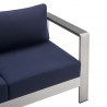 Modway Shore Sunbrella® Fabric Aluminum Outdoor Patio Loveseat in Silver Navy - Seat Closeup Angle