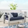 Modway Shore Sunbrella® Fabric Aluminum Outdoor Patio Loveseat in Silver Navy - Lifestyle - Modway Shore Sunbrella® Fabric Aluminum Outdoor Patio Loveseat in Silver Navy - Lifestyle