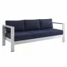 Modway Shore Sunbrella® Fabric Aluminum Outdoor Patio Sofa in Silver Navy - Front Side Angle - Modway Shore Sunbrella® Fabric Aluminum Outdoor Patio Sofa in Silver Navy - Front Side Angle