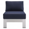 Modway Shore Sunbrella® Fabric Outdoor Patio Aluminum 5 Piece Sectional Sofa Set - Silver Navy -  Armless Chair in Front Angle