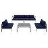 Modway Shore Sunbrella® Fabric Outdoor Patio Aluminum 5 Piece Sectional Sofa Set - Silver Navy - Set in Front Angle