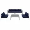 Modway Shore Sunbrella® Fabric Outdoor Patio Aluminum 5 Piece Sectional Sofa Set - Silver Navy - Set in Front Angle - Modway Shore Sunbrella® Fabric Outdoor Patio Aluminum 5 Piece Sectional Sofa Set - Silver Navy - Set in Front Angle