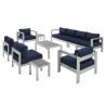 Modway Shore Sunbrella® Fabric Outdoor Patio Aluminum 9 Piece Sectional Sofa Set - Silver Navy - Set in Front Side Angle