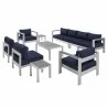 Modway Shore Sunbrella® Fabric Outdoor Patio Aluminum 9 Piece Sectional Sofa Set - Silver Navy - Set in Front Side Angle - Modway Shore Sunbrella® Fabric Outdoor Patio Aluminum 9 Piece Sectional Sofa Set - Silver Navy - Set in Front Side Angle