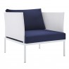 Modway Harmony 3-Piece Sunbrella® Outdoor Patio Aluminum Seating Set in White Navy - Armchair in Front Side Angle