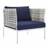 Modway Harmony 5-Piece Sunbrella® Basket Weave Outdoor Patio Aluminum Seating Set - Taupe Navy - Armchair in Front Side Angle