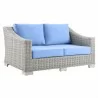 Modway Conway Outdoor Patio Wicker Rattan Loveseat in Light Gray Light Blue - Front Side Angle - Modway Conway Outdoor Patio Wicker Rattan Loveseat in Light Gray Light Blue - Front Side Angle
