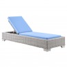 Modway Conway Outdoor Patio Wicker Rattan Chaise Lounge in Light Gray Light Blue - Reclined in Front Side Angle - Modway Conway Outdoor Patio Wicker Rattan Chaise Lounge in Light Gray Light Blue - Reclined in Front Side Angle