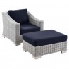 Modway Conway Outdoor Patio Wicker Rattan 2-Piece Armchair and Ottoman Set - Light Gray Navy - Set in Front Side Angle