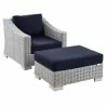 Modway Conway Outdoor Patio Wicker Rattan 2-Piece Armchair and Ottoman Set - Light Gray Navy - Set in Front Side Angle - Modway Conway Outdoor Patio Wicker Rattan 2-Piece Armchair and Ottoman Set - Light Gray Navy - Set in Front Side Angle