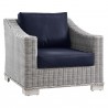 Modway Conway Outdoor Patio Wicker Rattan 2-Piece Armchair and Ottoman Set - Light Gray Navy - Armchair in Front Side Angle
