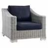 Modway Conway Outdoor Patio Wicker Rattan 2-Piece Armchair and Ottoman Set - Light Gray Navy - Armchair in Front Side Angle - Modway Conway Outdoor Patio Wicker Rattan 2-Piece Armchair and Ottoman Set - Light Gray Navy - Armchair in Front Side Angle