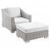 Modway Conway Outdoor Patio Wicker Rattan 2-Piece Armchair and Ottoman Set - White - Set in Front Side Angle