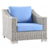 Modway Conway 4-Piece Outdoor Patio Wicker Rattan Furniture Set - Light Gray Light Blue - Armchair in Front Side Angle