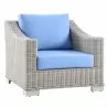 Modway Conway 4-Piece Outdoor Patio Wicker Rattan Furniture Set - Light Gray Light Blue - Armchair in Front Side Angle - Modway Conway 4-Piece Outdoor Patio Wicker Rattan Furniture Set - Light Gray Light Blue - Armchair in Front Side Angle