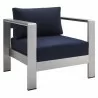 Modway Shore Sunbrella® Fabric Outdoor Patio Aluminum 8 Piece Sectional Sofa Set - Silver Navy - ArmChair in Front Side Angle - Modway Shore Sunbrella® Fabric Outdoor Patio Aluminum 8 Piece Sectional Sofa Set - Silver Navy - ArmChair in Front Side Angle