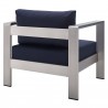 Modway Shore Sunbrella® Fabric Outdoor Patio Aluminum 8 Piece Sectional Sofa Set - Silver Navy - ArmChair in Back Side Angle