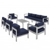 Modway Shore Sunbrella® Fabric Outdoor Patio Aluminum 8 Piece Sectional Sofa Set - Silver Navy - Set in Front Side Angle