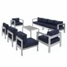 Modway Shore Sunbrella® Fabric Outdoor Patio Aluminum 8 Piece Sectional Sofa Set - Silver Navy - Set in Front Side Angle - Modway Shore Sunbrella® Fabric Outdoor Patio Aluminum 8 Piece Sectional Sofa Set - Silver Navy - Set in Front Side Angle