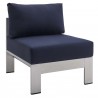 Modway Shore Sunbrella® Fabric Outdoor Patio Aluminum 8 Piece Sectional Sofa Set - Silver Navy - Armless Chair in Front Side Angle