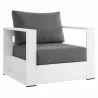 Modway Tahoe Outdoor Patio Powder-Coated Aluminum Armchair in White Charcoal  - Front Side Angle - Modway Tahoe Outdoor Patio Powder-Coated Aluminum Armchair in White Charcoal  - Front Side Angle