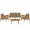 Modway Brisbane 6-Piece Teak Wood Outdoor Patio Set in Natural Light Brown - Set in Front Angle