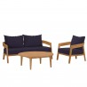 Modway Brisbane 3-Piece Teak Wood Outdoor Patio Set in Natural Navy - Set in Front Side Angle