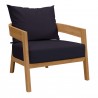 Modway Brisbane 3-Piece Teak Wood Outdoor Patio Set in Natural Navy - Armchair in Front Side Angle