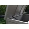 Alfresco Home the Yacht Small RTA Aluminum Storage/Cushion Cabinet - Sand Dollar - Side Closeup Opened Angle - Alfresco Home the Yacht Small RTA Aluminum Storage/Cushion Cabinet - Sand Dollar - Side Closeup Opened Angle