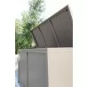 Alfresco Home the Yacht Small RTA Aluminum Storage/Cushion Cabinet - Sand Dollar - Front Side Opened Angle - Alfresco Home the Yacht Small RTA Aluminum Storage/Cushion Cabinet - Sand Dollar - Front Side Opened Angle
