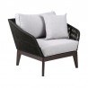 Armen Living Athos Indoor Outdoor Club Chair in Dark  Eucalyptus Wood with Latte Rope and Grey Cushions- Side View