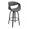 Armen Living Arya 30" Swivel Bar Stool in Gray Faux Leather and Black Wood Front Angle View