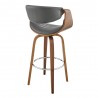Armen Living Arya 26" Swivel Counter Stool in Gray Faux Leather and Walnut Wood Back Angle