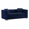 Cambridge Contemporary Loveseat in Brushed Stainless Steel and Blue Velvet - Angled