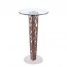Armen Living Crystal Bar Table with Walnut Veneer column and Brushed Stainless Steel finish with Clear Tempered Glass Top- Front